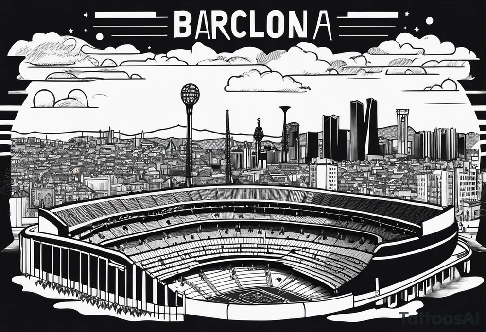 Barcelona cityscape with culture and music and fc Barcelona stadium tattoo idea