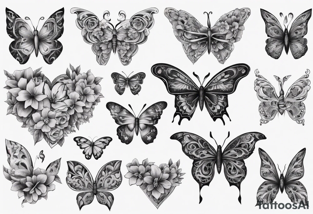 Butterfly wrap tattoos in heart with floral tattoo idea