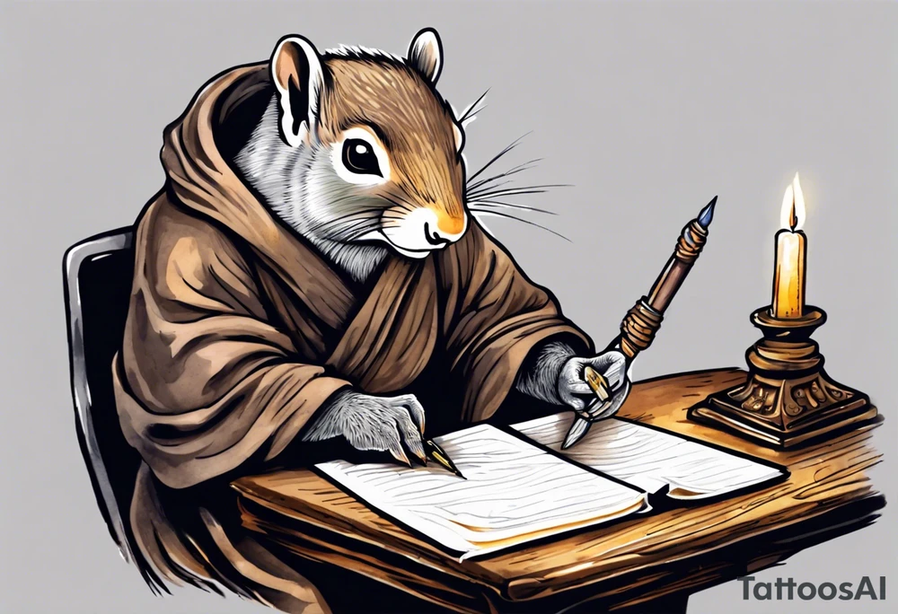 an elderly grey squirrel dressed in a monk robe sitting at a desk in the dark holding a quill writing by candlelight tattoo idea