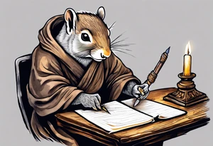 an elderly grey squirrel dressed in a monk robe sitting at a desk in the dark holding a quill writing by candlelight tattoo idea
