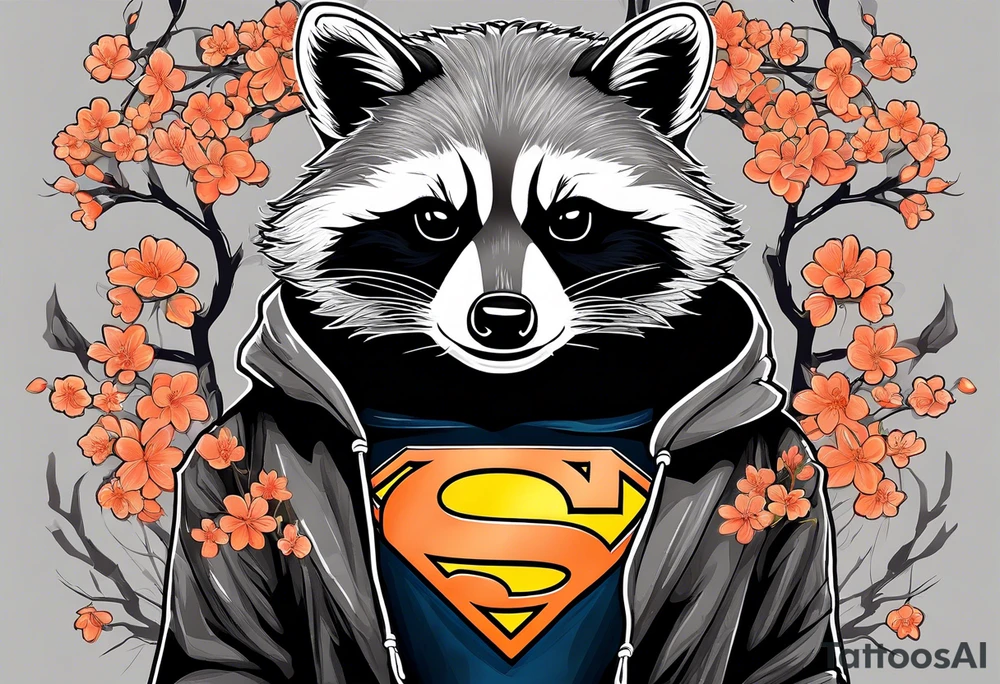 Raccoon wearing a white Superman logo on a black hoodie and orange Japanese cherry blossoms beside tattoo idea