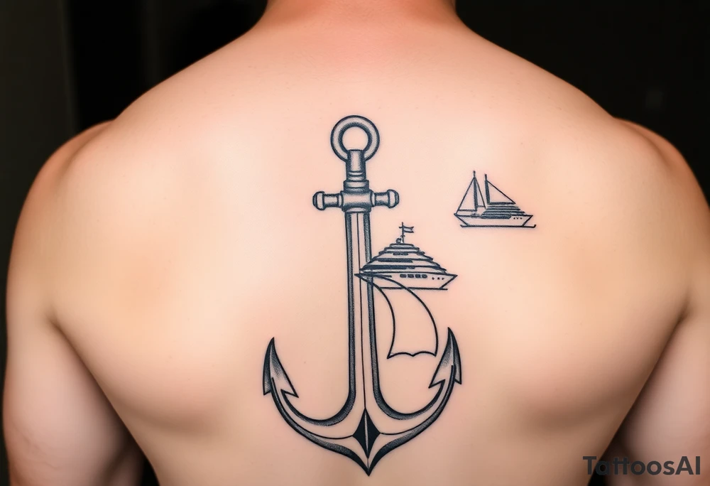 bold man with anchor and yacht tattoo idea