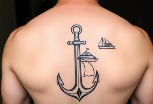 bold man with anchor and yacht tattoo idea