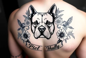 Memorial pit bull, surrounded by floral ornaments and birds and words tattoo idea
