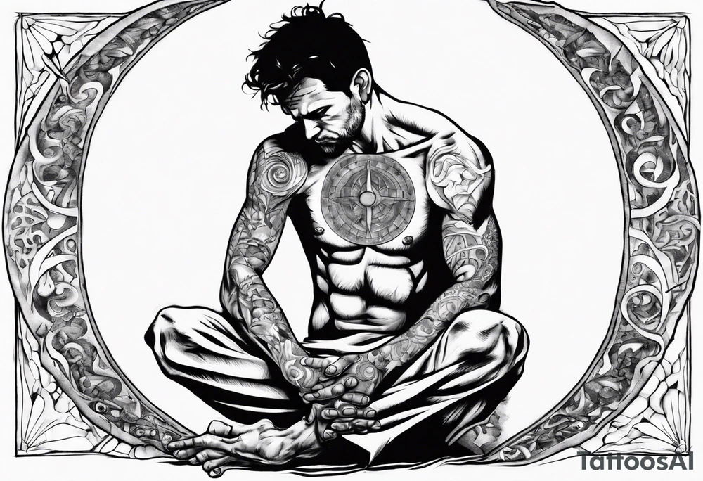 Peaceful warrior kneeling down with the world resting on his hand above his head and shoulders. tattoo idea