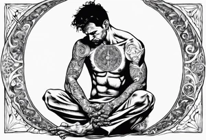 Peaceful warrior kneeling down with the world resting on his hand above his head and shoulders. tattoo idea