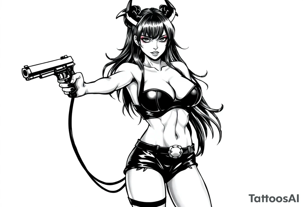 succubus, slut, holding gun, black, leather bikini, angry tattoo idea