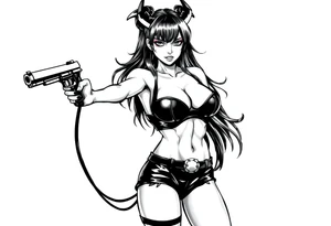 succubus, slut, holding gun, black, leather bikini, angry tattoo idea