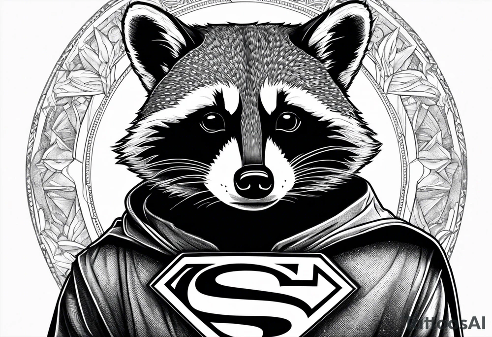 raccoon wearing a Superman hoodie with classic Superman logo tattoo idea