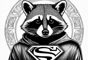 raccoon wearing a Superman hoodie with classic Superman logo tattoo idea