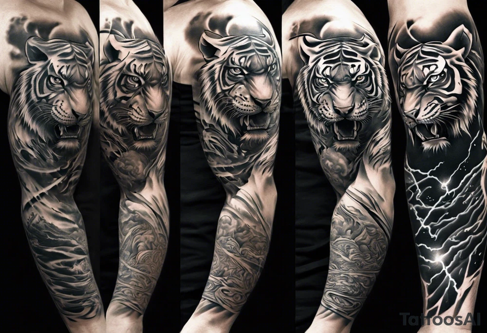 Tiger Warrior sleeve tattoo with lightning and the sun
Forearm sleeve tattoo idea