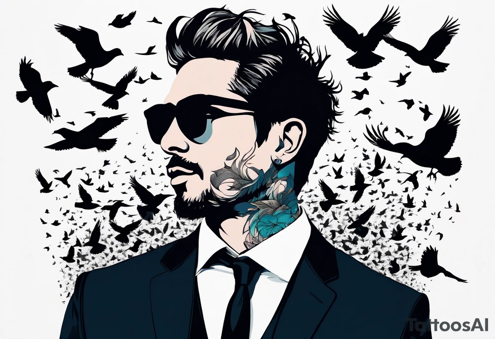 silhouette of a man wearing a suit morphing into a flock of birds tattoo idea