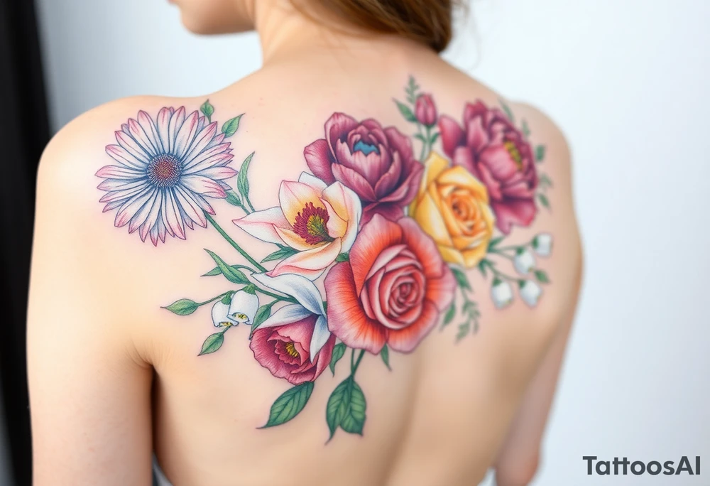 Bouquet of flowers with a aster, carnation, rose, Lily of the valley, larkspur with stems Starting upper middle back to right shoulder tattoo idea
