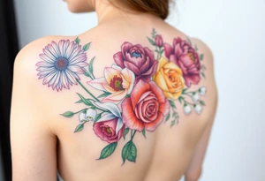 Bouquet of flowers with a aster, carnation, rose, Lily of the valley, larkspur with stems Starting upper middle back to right shoulder tattoo idea