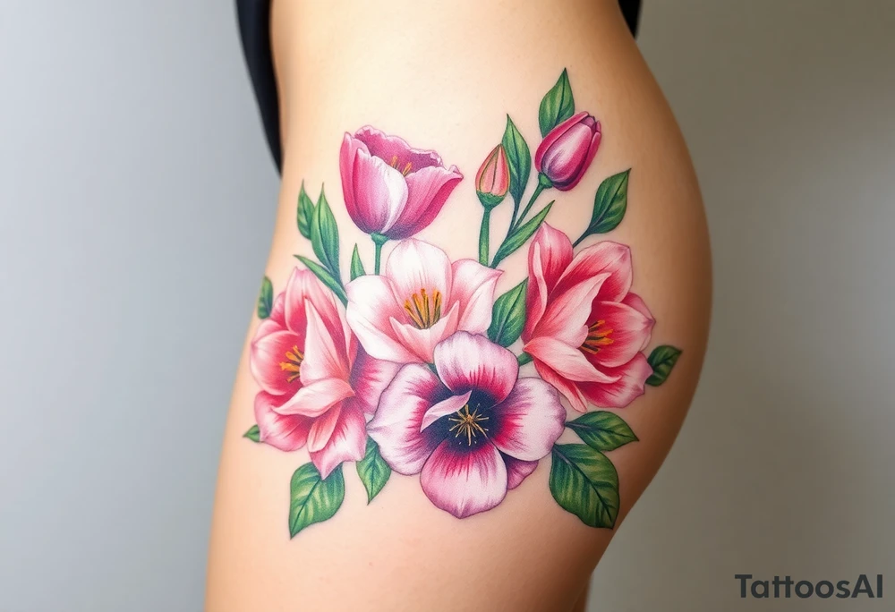 Realistic roses tulips and lilies 
and leaves with embellishments tattoo idea