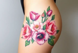 Realistic roses tulips and lilies 
and leaves with embellishments tattoo idea