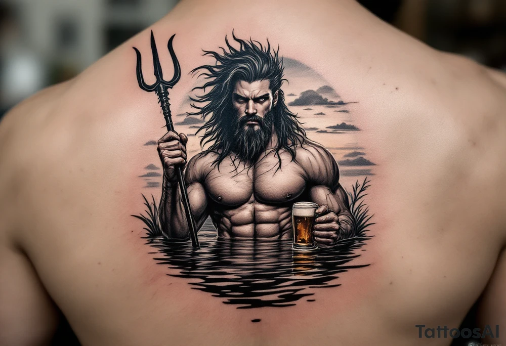 young, fit poseidon in calm water, behind a trident, holding a beer, with sunset tattoo idea