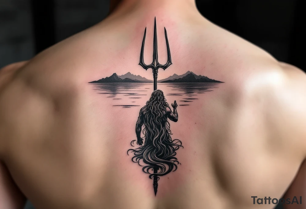 trident with Poseidon half way under calm water at sunset tattoo idea