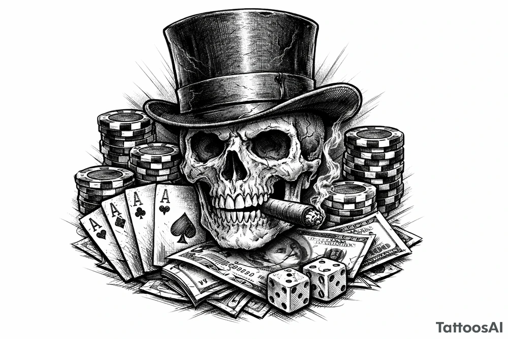 skull with cigar in his mouth,top-hat surrounded by poker-chips,paying cards and money. tattoo idea