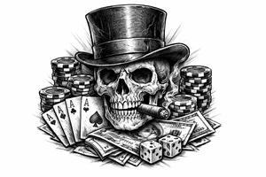 skull with cigar in his mouth,top-hat surrounded by poker-chips,paying cards and money. tattoo idea