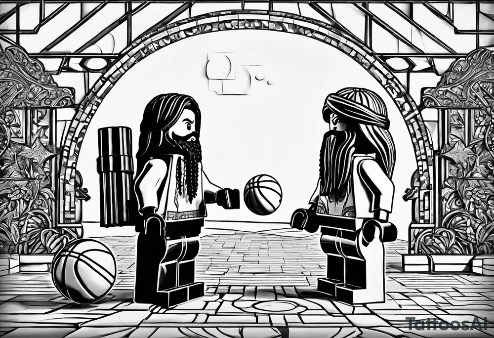 2 Lego figures in one scenery, one of them will be a Rastaman who is looking at the other one dribbling a basketball tattoo idea