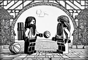 2 Lego figures in one scenery, one of them will be a Rastaman who is looking at the other one dribbling a basketball tattoo idea
