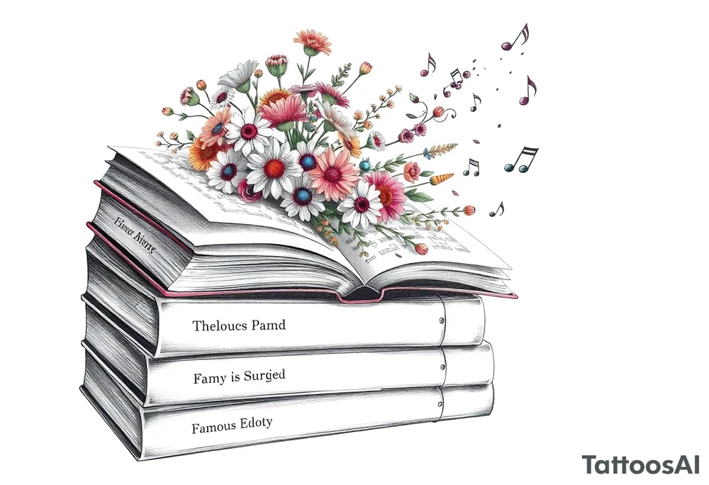 stack of 3 vintage books with famous names on the spines top book open with bouquet of different kinds of wild 
flowers coming out of it
Music notes dancing around in the background tattoo idea