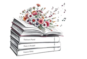 stack of 3 vintage books with famous names on the spines top book open with bouquet of different kinds of wild 
flowers coming out of it
Music notes dancing around in the background tattoo idea