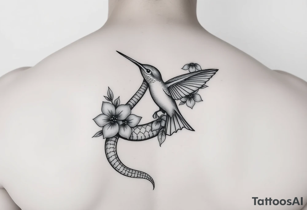 powerful beautiful snake holds hummingbird with flowers tattoo idea