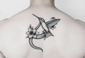 powerful beautiful snake holds hummingbird with flowers tattoo idea