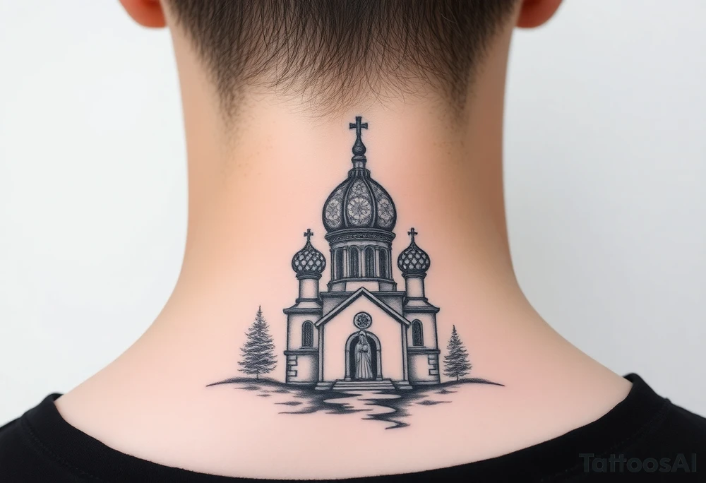 medium sized russian orthodox dome church with a visible virgin mary in a russian lakes country setting tattoo idea