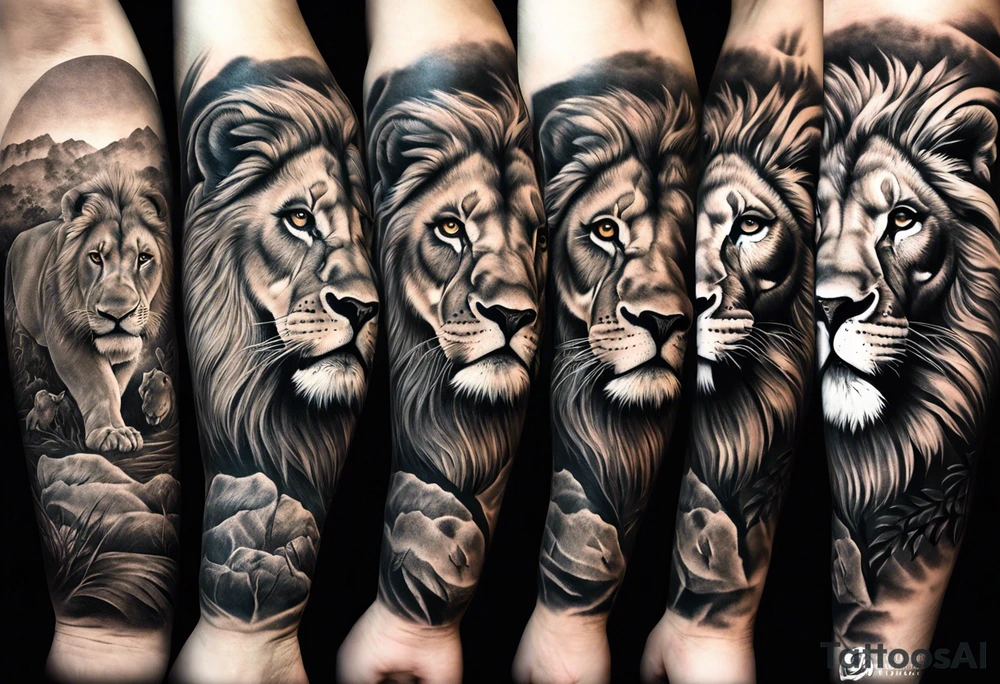 Full sleeve tattoo depicting a large lion protecting his lioness and 6 lion cubs. Background should depict a safari scene tattoo idea