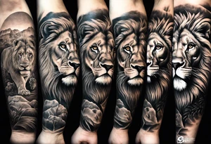 Full sleeve tattoo depicting a large lion protecting his lioness and 6 lion cubs. Background should depict a safari scene tattoo idea