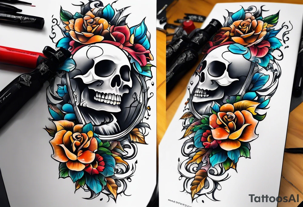 Old school center Knee tattoo with skulls, flowers, water shapes and fall colors tattoo idea