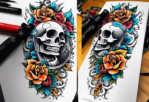 Old school center Knee tattoo with skulls, flowers, water shapes and fall colors tattoo idea