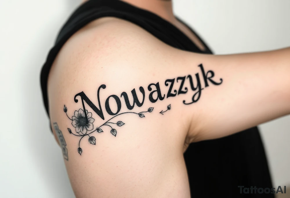 The word Nowaczyk surrounded by three flowers with  vines running through it 
on the lower tricep, medium size tattoo idea