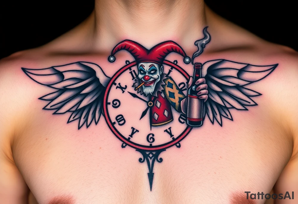 a jester clown floating in smoke with a  clock, the time says 420,  with two open wings besides the clock, smoke as the spring rising from the clock, a jester clown coming out the smoke, smoking in one hand with a liquor bottle on the other hand tattoo idea