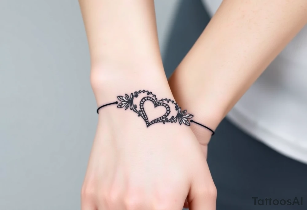 A heart-shaped lace pattern bracelet in black and silver, with a delicate filigree border tattoo idea