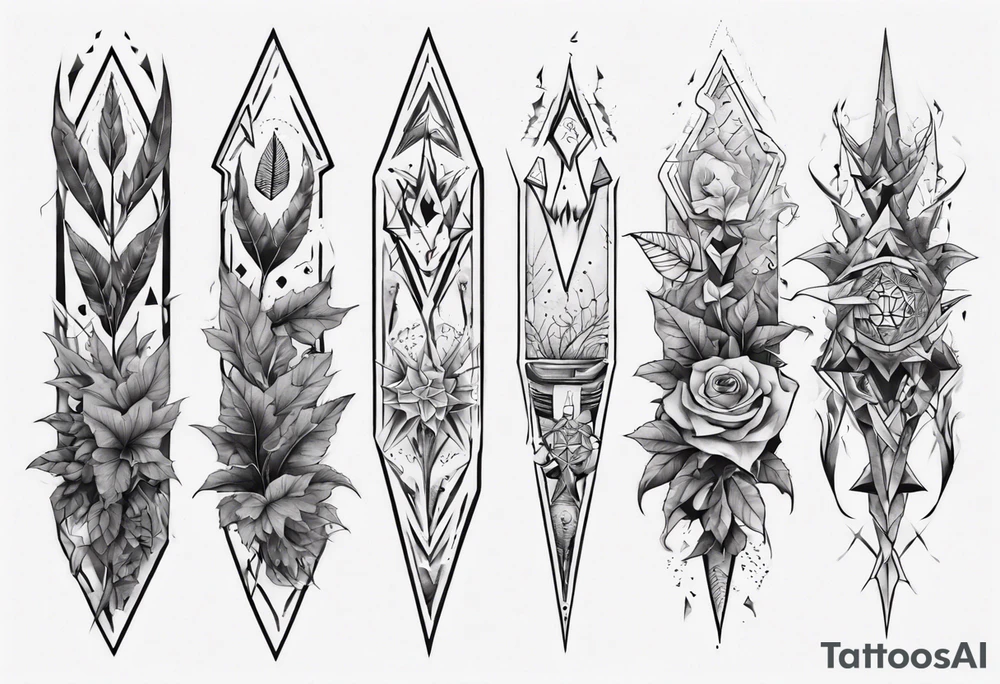 full arm tattoo. scary pointy leaves combined with geometric shapes. whole arm tattoo idea