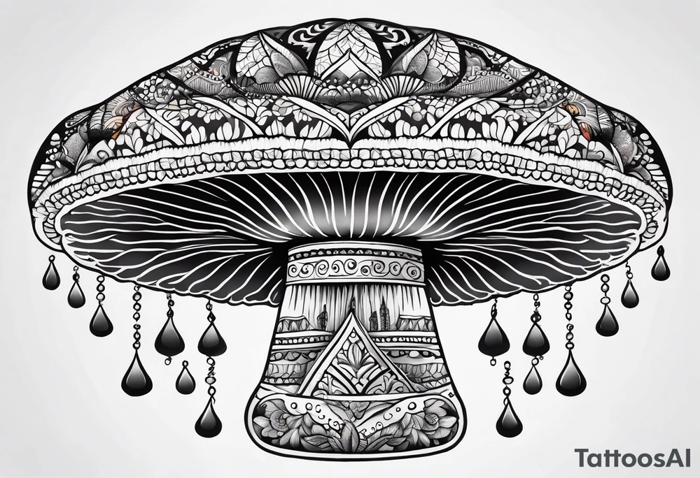 Black mushroom tattoo with henna style mandala design surrounding it tattoo idea