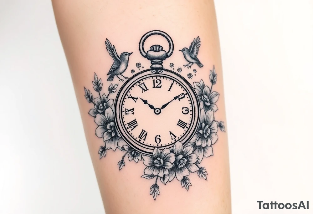 Pocket watch , surrounded by floral ornaments and birds tattoo idea