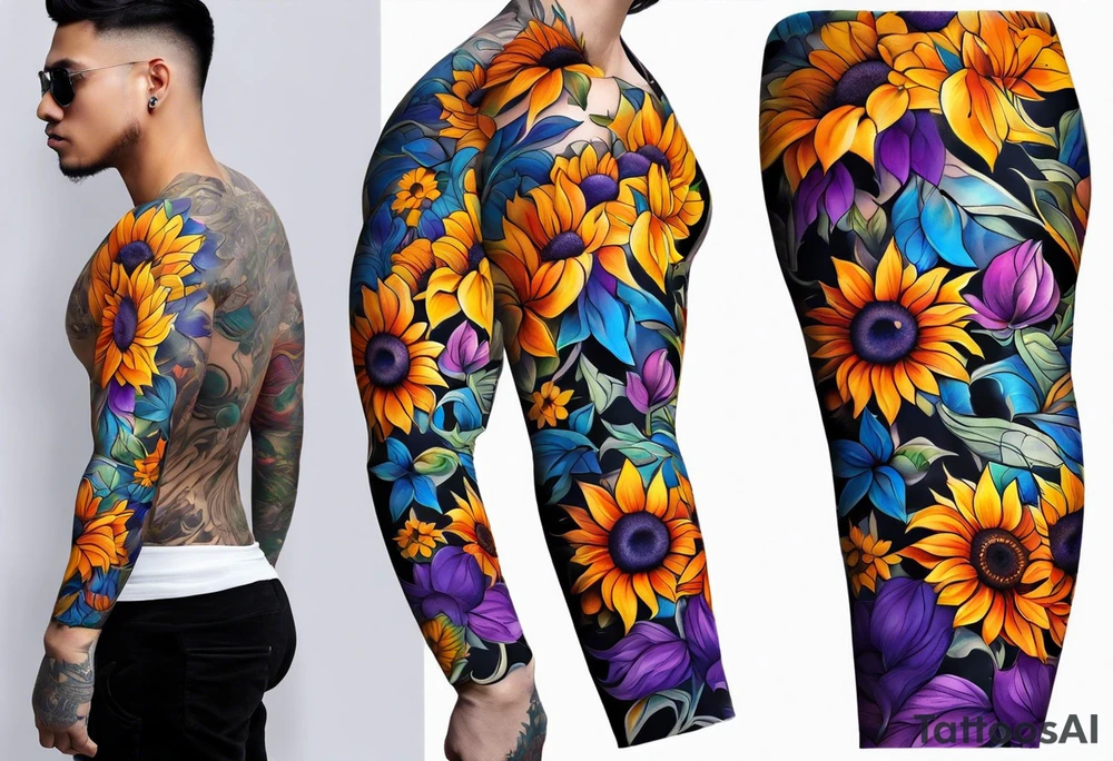 Full arm sleeve with purple, orange and blue sunflowers tattoo idea