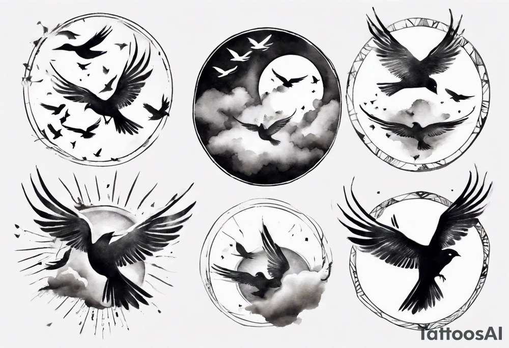 shoulder tattoo with light rays with birds flying free among the clouds, round shape, 3d effect tattoo idea shoulder tattoo with light rays with birds flying free among the clouds, round shape, 3d effect tattoo idea
