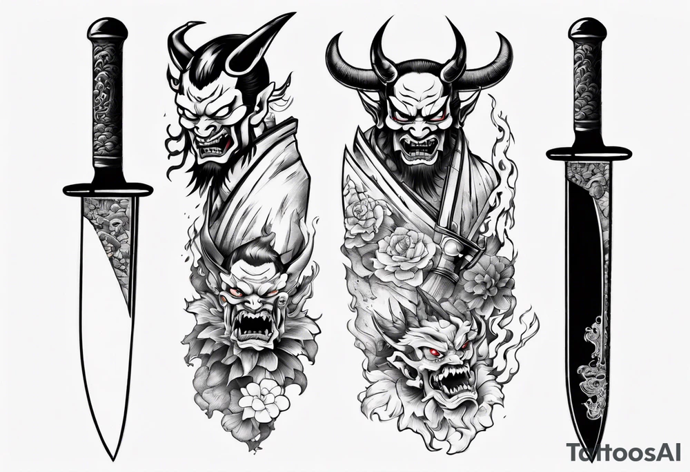 Japanese demon coming out of a knife blade tattoo idea