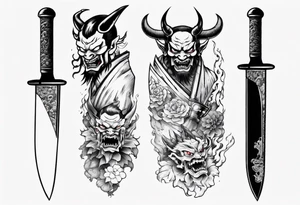 Japanese demon coming out of a knife blade tattoo idea
