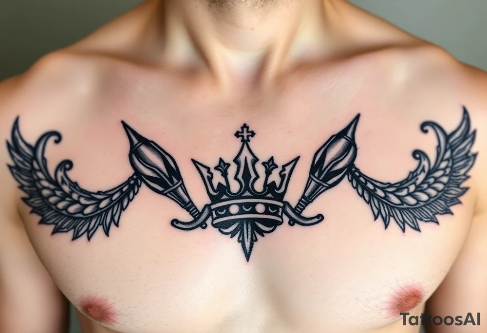 Chest tattoo, two lure and crown between tattoo idea