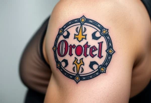 A round medieval shield, engraved with Ortel in battle-worn lettering, in black, gold, and deep crimson tattoo idea