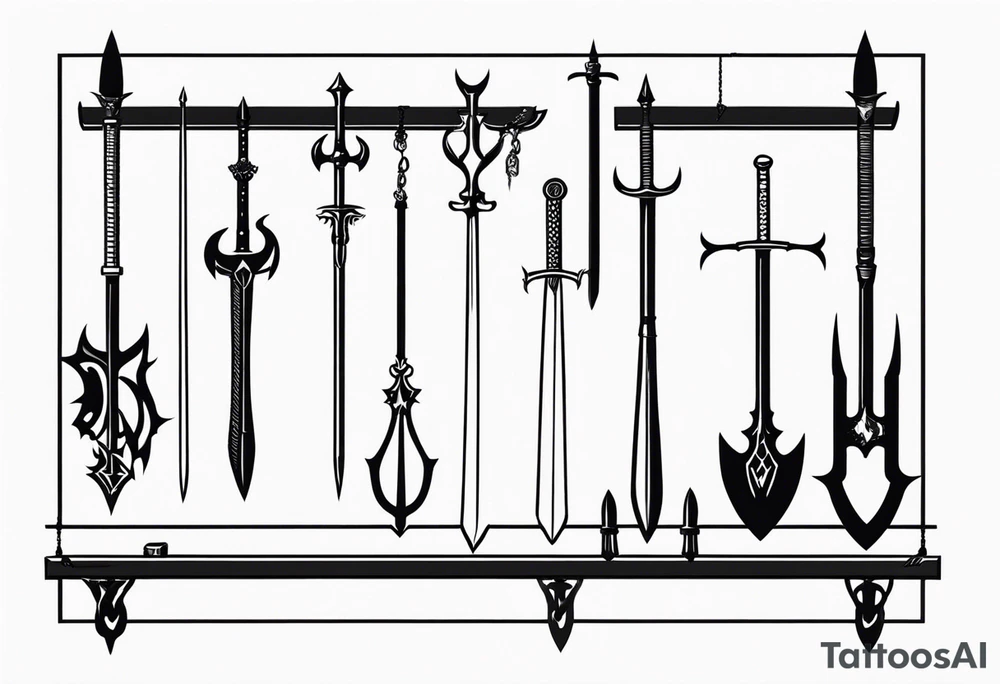 Medieval weapons rack with 4 different kind of piercing weapons hanging from 4 of the 6 open spaces. tattoo idea