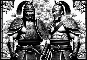 Samurai warrior and Roman spartan warrior facing off, include lotus flowers in the background, both warriors should appear aggressive looking ready for battle,  turn this into a forearm sleeve tattoo idea