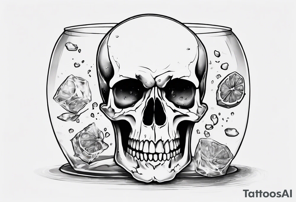 A happy, looking to the left scull, inside the glass with ice and piece of lime tattoo idea